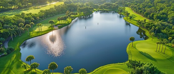 A serene overhead perspective of a charming golf course encircled by vibrant palm trees and shimmering water - obrazy, fototapety, plakaty
