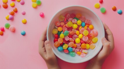 Colorful candies in bowl between hands of two people