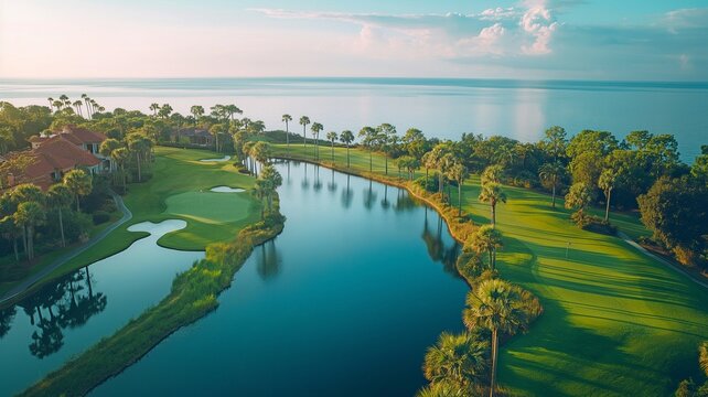 A serene overhead perspective of a charming golf course encircled by vibrant palm trees and shimmering water