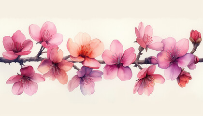 Watercolor Cherry Blossom Branch Background on White: Elegant Illustration of Blossoming Cherry Blossom Branches, Capturing the Serenity and Grace of Springtime