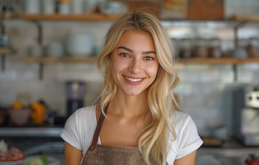 A cheerful young blonde woman in an apron is observing the camera in the cafe kitchen.