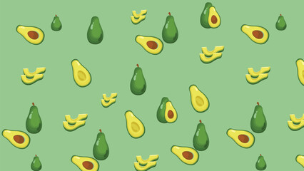 Seamless pattern with the image of emoji avocado and hearts on a blue background. Design for paper, textile and decor. Vector illustration.