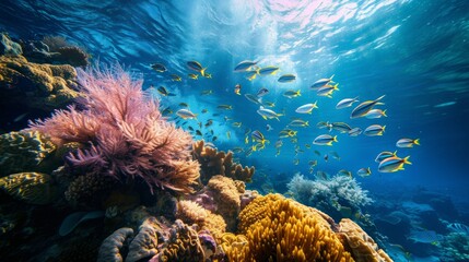 Underwater of sea full color coral and various kinds of fish view on top