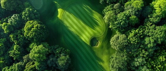 Beautiful Aerial View of a Verdant Golf Course Encircled by Trees and Grass Hills on a Sunny Day