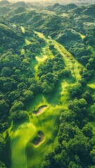 Fototapeta na wymiar Beautiful Aerial View of a Verdant Golf Course Encircled by Trees and Grass Hills on a Sunny Day