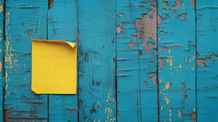 Yellow Sticky Note on Weathered Blue Wooden Background. Peeling Blue Paint on Wooden Planks with a Single Yellow Memo
