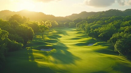 Beautiful Aerial View of a Verdant Golf Course Encircled by Trees and Grass Hills on a Sunny Day - Powered by Adobe