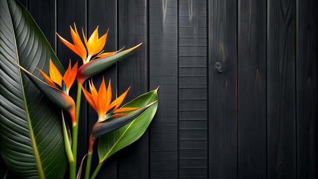 Bird of Paradise Flowers Against a Dark Wood Background, Exotic and Bold. Strelitzia flowers on black wood background. Free space for text or promotional product.