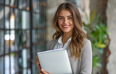 Fototapeta premium a happy entrepreneur standing at her workplace with a laptop and documents in her hands
