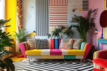 Pop Art Inspired Living Room Decor with Striped Sofa and Geometric Shapes
