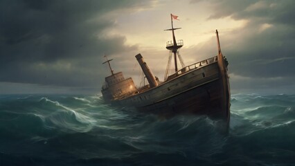 Painting of a ship in the wild stormy sea at night