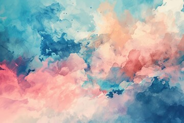 Pastel Sky Abstract Watercolor Background with Clouds and Sun