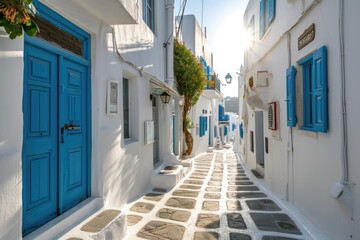 Fototapeta premium Sunlit Mykonos: Traditional Whitewashed Alleyway in the Heart of Greece's Mediterranean Gem