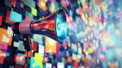 A megaphone in front of a colorful social media icons wall.  - obrazy, fototapety, plakaty