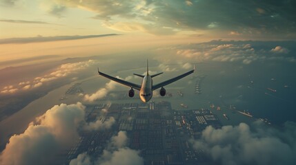 Fototapeta na wymiar The Airplane Flying Over The Clouds.
