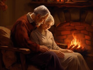 Obraz premium Elderly Couple Embracing by the Fireplace in a Cozy Evening