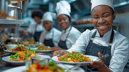 A contented African American chef and her colleague arranging plates as they serve meals in a restaurant