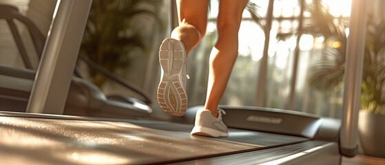 An image of a woman on a treadmill in a fitness centre - obrazy, fototapety, plakaty