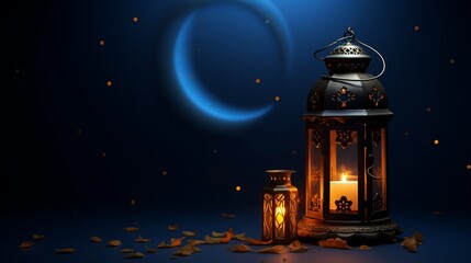 This 3D wallpaper designed for Ramadan and Eid al-Fitr features a lantern against a wall with a moon motif.