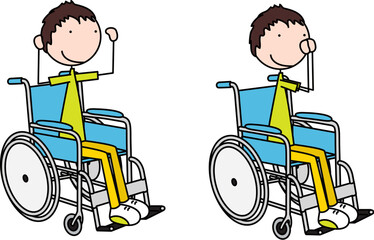 Cartoon vector illustration of a boy in wheelchair exercising - goal post press