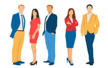Fototapeta premium Set of young men and women , different colors, cartoon character, group of silhouettes of standing business people, students, design concept of flat icon, isolated on white background