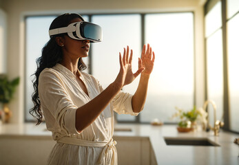 African American woman in white augmented virtual reality glasses gesticulates with her hands while controlling a virtual screen while standing in a modern home kitchen