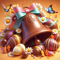 chocolate easter egg and bell with ribbon - obrazy, fototapety, plakaty