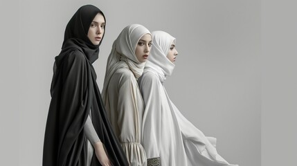 A portrait of a woman in a dress and hijab.