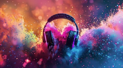 Headphones exploding in festive colorful splash, dust and smoke with vibrant light effects - obrazy, fototapety, plakaty