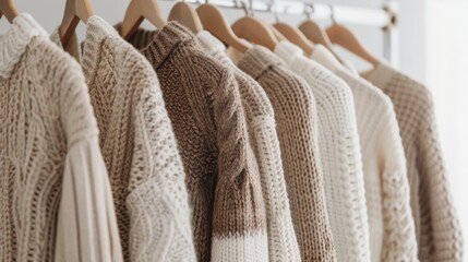 Fototapeta na wymiar Stylish modern women neutral color sweaters hanging on a rack
