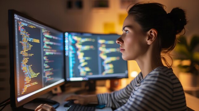 Focused woman programmer working on computer code in a dimly lit room, displaying dedication and concentration.
