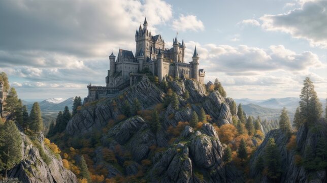 A castle is perched on top of a rocky mountain. The sky is filled with clouds. The trees on the mountain are changing colors, indicating it's fall.