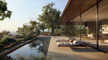 Fototapeta premium A Modern House With A Swimming Pool And A Deck.