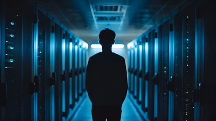 Hacker standing alone in dark room, generative ai