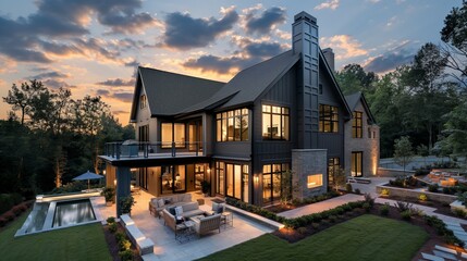 A huge house with a patio and swimming pool at sunset.  - obrazy, fototapety, plakaty