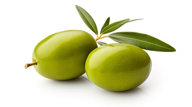 Two green olives with leaves are isolated on a white background in this depiction.
