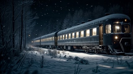 Train in the winter forest at night. Traveling by train.