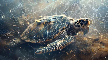 Fotobehang Sea turtle swimming with digital network overlay, nature meets technology concept, suitable for environmental tech themes © Benjawan