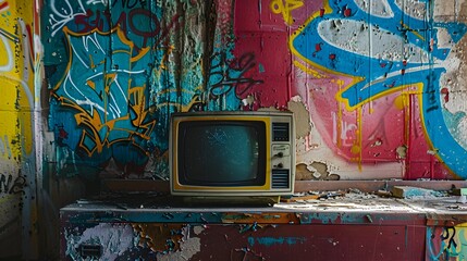 Fototapeta premium Vintage television in a graffiti-covered room, retro media concept, excellent for nostalgic design campaigns