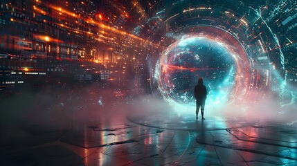 Person standing in front of a futuristic portal, symbolizing innovation and virtual reality, suitable for sci-fi and technology themes