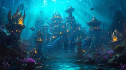 An underwater city with bioluminescent coral, schools of colorful fish, and ancient ruins, all illuminated by the eerie glow of an underwater volcano. Resplendent