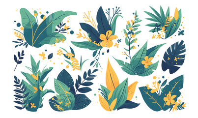 tropical floral illustration set with green leaves, Generative AI