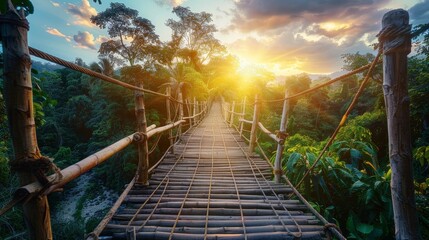 Fototapeta premium View of wooden bridge at sunset in tropical island, beautiful sunset