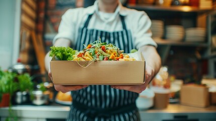 Fototapeta premium A woman holding a paper box of vegetable salad.