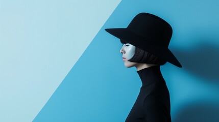 A Woman In A Black Dress And Black Hat With Blue Wall In The Background.