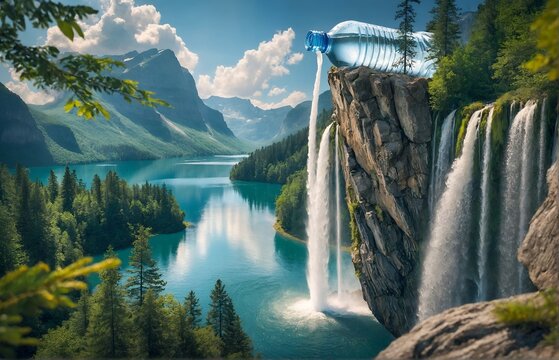 a water bottle atop a towering rock, with a waterfall flowing from it into a lake below