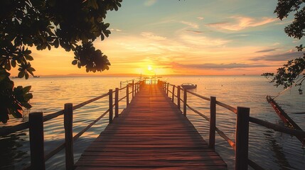 Fototapeta na wymiar View of wooden bridge at sunset in tropical island, beautiful sunset