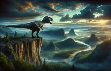 a dinosaur standing on the edge of a towering cliff