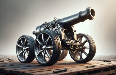 a cannon equipped with car wheels