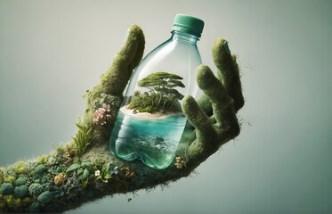 a hand made from plants, holding a water bottle with a miniature island inside